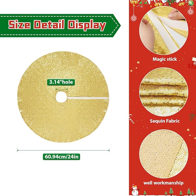 Eternal Beauty Christmas Tree Skirt, 24 Inch Gold Sequin Tree Skirt Small Xmas Tree Skirt for Christmas Tree Decorations