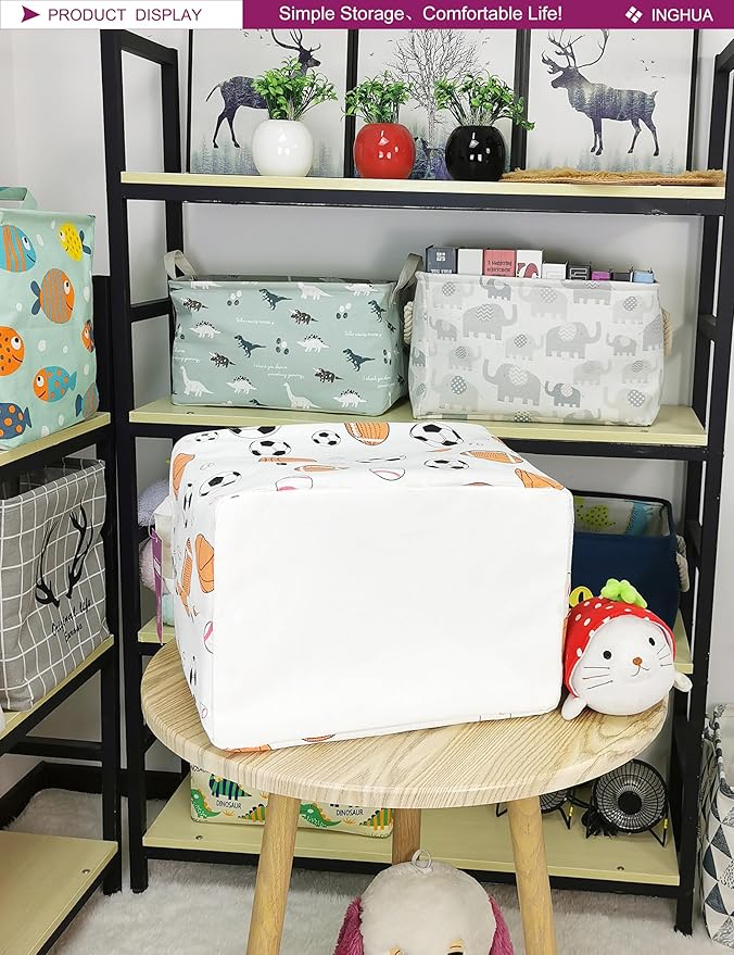 Rectangular Storage Basket Fabric Organizer Bin for Toys,Books,Clothes,Gifts,Pets-Perfect for Home,Office,Nursery,Dorm,Shelf(Rec ball game)
