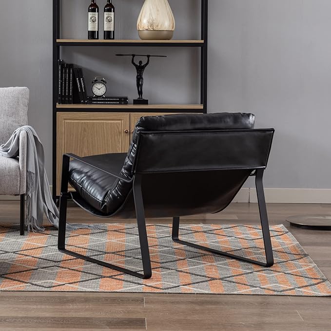 DUOMAY Mid-Century Accent Chair Armchair, Comfy PU Leather Leisure Chair Lazy Chair with Metal Leg for Living Room Bedroom Office Apartment, Black