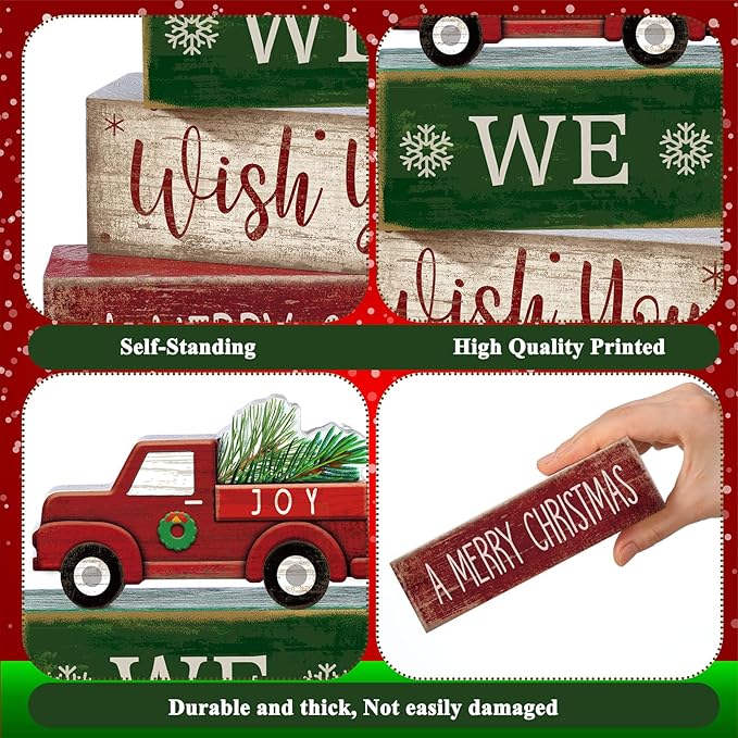 4 Pcs Rustic Christmas Decor Wooden Red Truck Winter Tiered Tray Decor Merry Christmas Table Centerpiece Wood Red Truck Block Sign Gift Farmhouse for Home Kitchen Tabletop Office Shelf