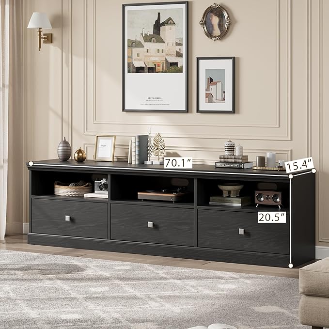 IDEALHOUSE 70in TV Stand for TVs up to 80", Mid Century Modern Entertainment Center with Storage Drawer and Open Shelves, TV Console Media Cabinet for Living Room, Bedroom, Black