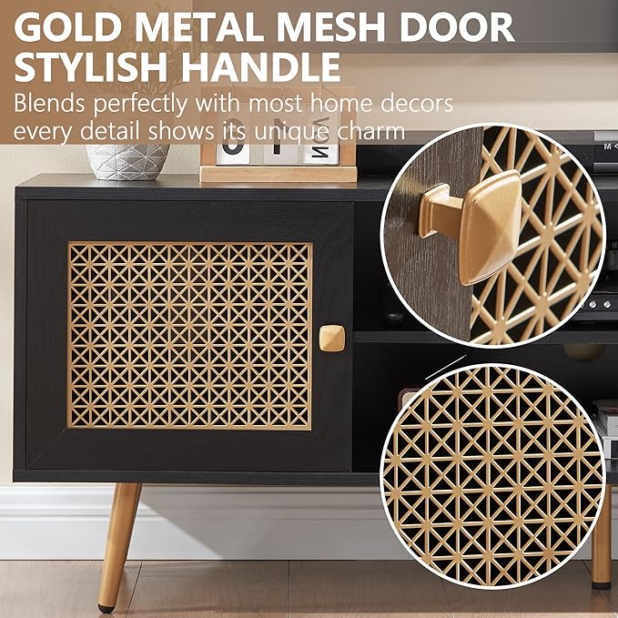 Mid Century Modern TV Stand for 65 inch TV, Entertainment Center with Storage, Metal Mesh Decorated Cabinet Doors for Living Room, Black