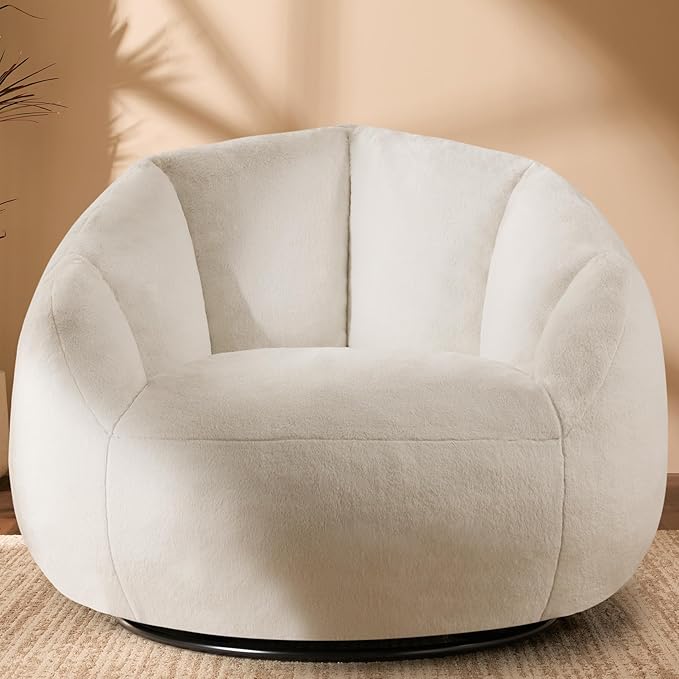 Giant Bean Bag Swivel Chair for Adults - Comfy Plush Round Shell Soft Accent Chair, Oversized Cozy Floor Sofa for Living Room, Bedroom & Game Rooms, Beige