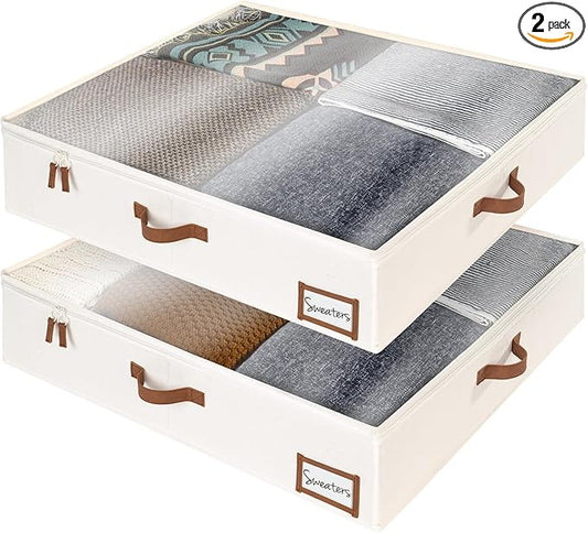 StorageWorks Underbed Storage Box, Under Bed Clothes Organizer With Sturdy Structure and Ultra Thick Fabric, Beige, 30" L x 28" W x 6" H, 2 pack
