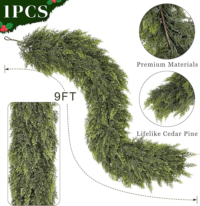 9FT Real Touch Cedar Garland for Fireplace - Artificial Christmas Garlands Realistic Faux Greenery Fake Pine Needles Garland for Holiday,Table, Window,Mantel,Stairs, Home,Indoor Outdoor Decor (1PCS)