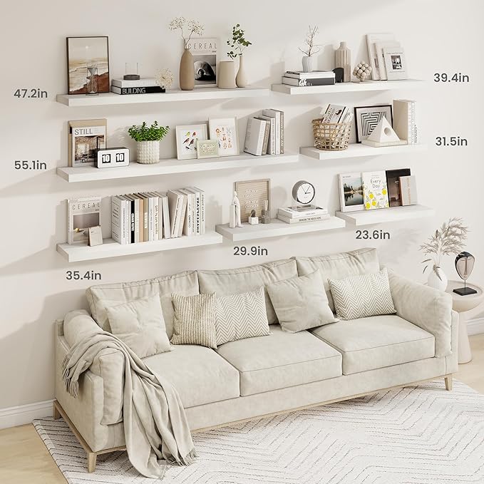 Fun Memories 55 Inch Fireplace Mantel Shelf -Long Floating Shelves, Deep Wall Mounted Farmhouse Display Shelves with Invisible Heavy Duty Metal Bracket, White, 2 Pack