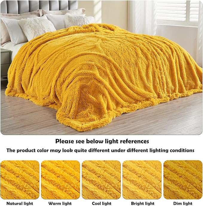 GONAAP Fuzzy Faux Fur Throw Blanket Queen Size Mustard Yellow Super Soft Cozy Plush Fuzzy Shaggy Blanket for Couch Sofa Bed (Mustard Yellow, Queen(90"x90"))