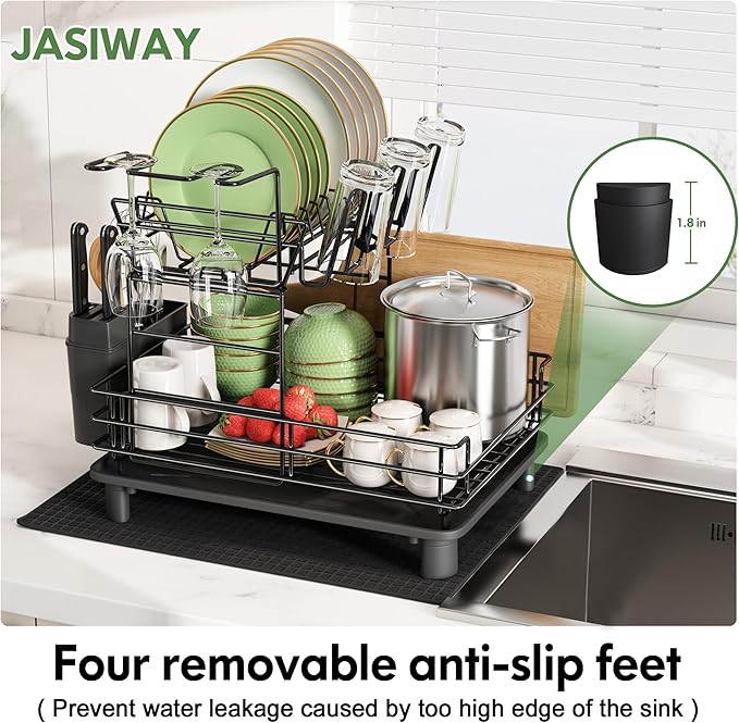 2 Tier Black Large Stainless Steel Dish Drainers Drying Rack for Kitchen Counter with Drainboard, Rust Proof Metal, Space Saving, Modern Aesthetic, Compact Plates Strainers with Extra Mat