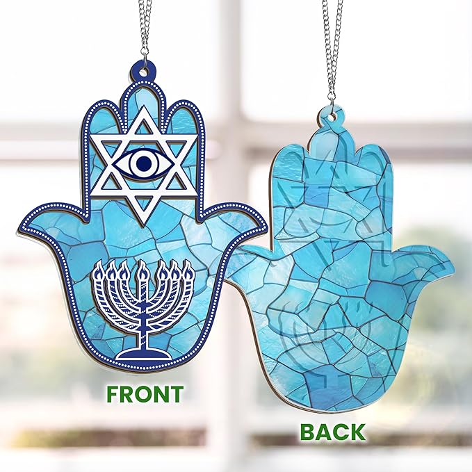 FLAGWIX Hanukkah Gifts for Women Men - Double Layered Hanging Suncatcher 6 in - Christmas Birthday Spiritual Good Luck Housewarming Gifts for Mom Dad Friends, Hamsa Hand Fatima Home Decor