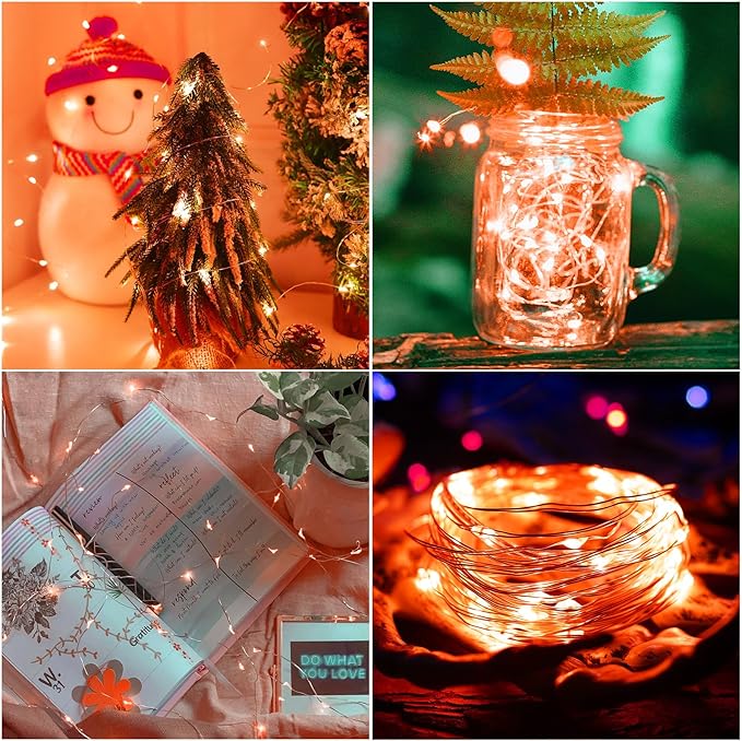 Halloween Fall Decorations Orange Fairy String Lights Indoor, Battery Operated with Timer, 2 Pack Total 33FT 100 Led Mini Battery Powered Twinkle Mason Jar Waterproof Firefly Lights DIY Party