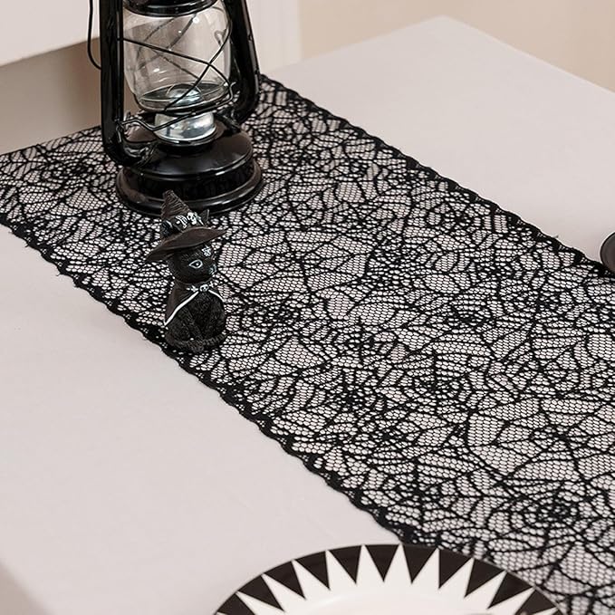 Halloween Spiderweb Lace Table Runners Black Cobweb Designs Table Cover Flag Halloween Tabletop Centerpieces & Fireplace Mantel Decorations for Autumn Home Indoor Party Decor