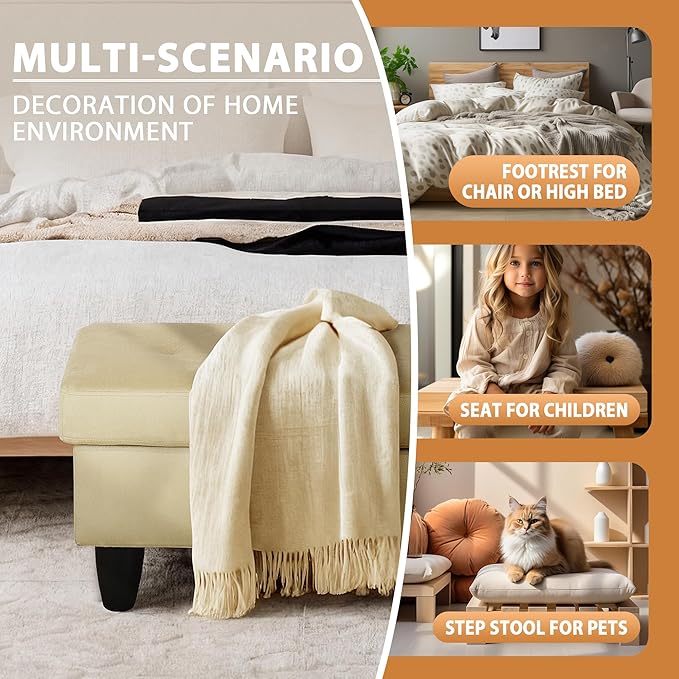 Ottoman Rectangular Storage Ottoman Bench, Flannel Footrest Stool Footstool with Lid for Living Room, Bedroom, Entryway, Light Brown, 28.5"x19"x17.5"