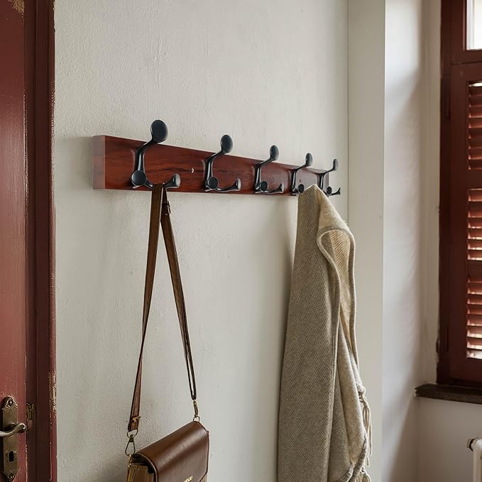 SKOLOO 30-Inch Cherry Wood Coat Rack Wall Mount with 5 Triple Hooks - Ideal for Family Entrances, Classrooms, and Pet Supplies Storage - Perfect Coat Hooks for Wall