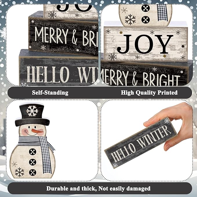 4 Pcs Snowman Christmas Decor Winter Table Decorations Christmas Tiered Tray Decor Winter Centerpiece Decorations Indoor Rustic Wooden Snowman Block Sign Gift Farmhouse for Home Kitchen