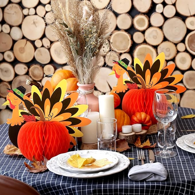 6 Pcs Fall Centerpiece Table Decorations Turkey Centerpiece Thanksgiving Table Decor 3D Paper Turkey Honeycomb Standing Decorations for Autumn Harvest Party Kitchen Tabletop Home Decor