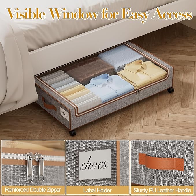 Yecaye Under Bed Storage with Wheels, 2 Pack Under Bed Storage Containers with Clear Lids & Label, XXL Large Lapacity Rolling Under Bed Drawers for Clothes, Shoes, Blankets