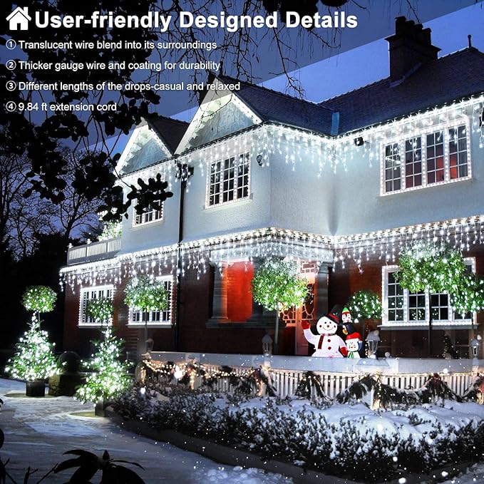 White Christmas Lights Outdoor - 33ft 400 LED Icicle Lights for Outside House, Twinkle Outside Lights Plug in 8 Modes Timer Waterproof for Patio Window Holiday Wedding Party Pathway Indoor Decorations