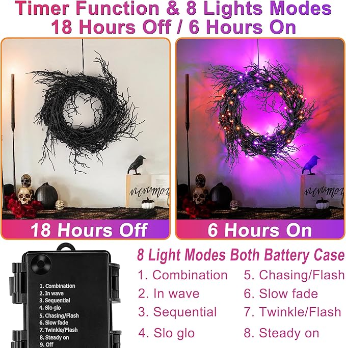 9 FT 66 LED Willow Vine Twig Decor Black Halloween Garland with Orange Purple Lights, Timer 8 Modes Waterproof Battery Operated Indoor Halloween Decorations for Wall Fireplace Mantle Home Office Decor