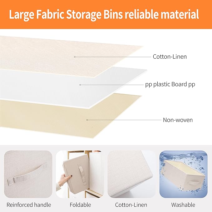 Linen Folding Storage Bins, 3 Pack Large Storage Baskets, Washable, Clothing Storage Bins with Handle, Closet Organizer for Storage Sweater,Sheets(Beige, 18½"x11" x8½")