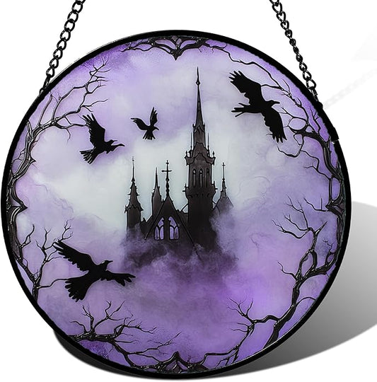 Stained Glass Window Hanging - Halloween Gothic Castle Purple Smoke Suncatcher for Doors Garden Home Spooky Crow Sun Catchers Gothic Decor Horror Gift for Women Men Friend Boy Girl 7.8 in