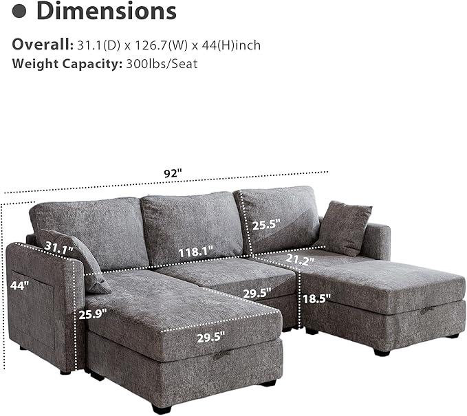 mestyl Modular Sectional Sofa Convertible U Shaped Sofa Couch Set with Storage for Living Room, Modern 3 Seater Modular Sectional Couch with 2 Movable Ottoman (Grey)