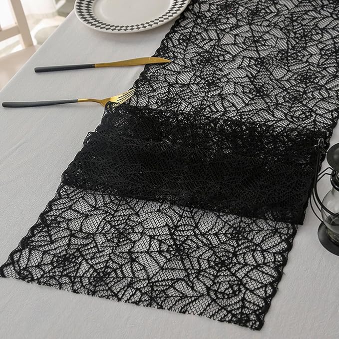 Halloween Spiderweb Lace Table Runners Black Cobweb Designs Table Cover Flag Halloween Tabletop Centerpieces & Fireplace Mantel Decorations for Autumn Home Indoor Party Decor