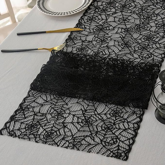 Halloween Spiderweb Lace Table Runners Black Cobweb Designs Table Cover Flag Halloween Tabletop Centerpieces & Fireplace Mantel Decorations for Autumn Home Indoor Party Decor