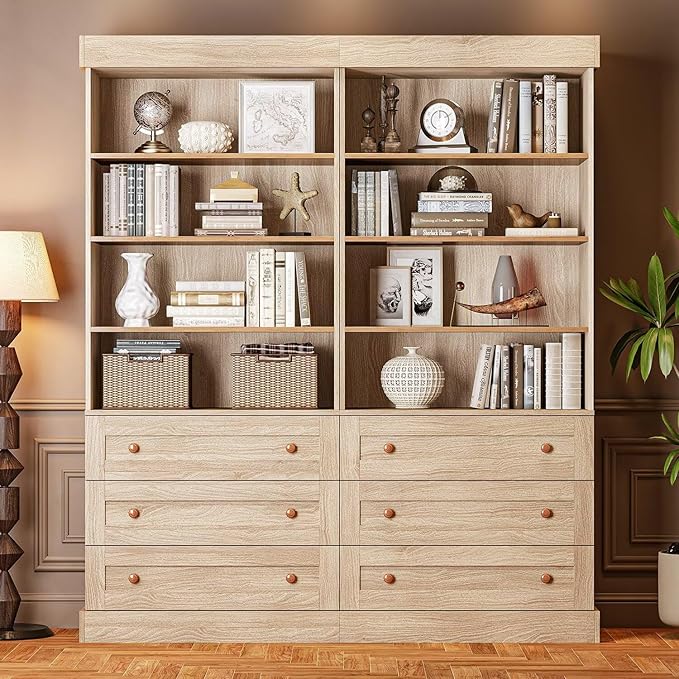 Vyre 71" Tall Farmhouse Bookshelves with Drawers, Set of 4 – Large Modular Bookcase with Adjustable Shelves, Storage Cabinet for Living Room, Kitchen, Home Office, Brown