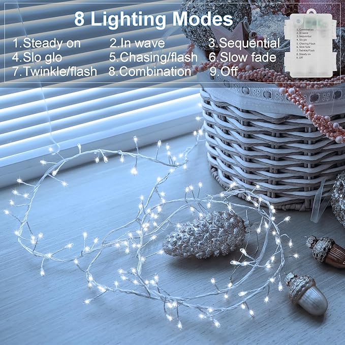 2 Pack Cluster Fairy Lights Battery Operated, Total 20Ft 400 LED Christmas Lights String with Timer 8 Modes Firecracker Fairy Lights Waterproof for Wreath Tree Wedding Gift Decor (Cool White)