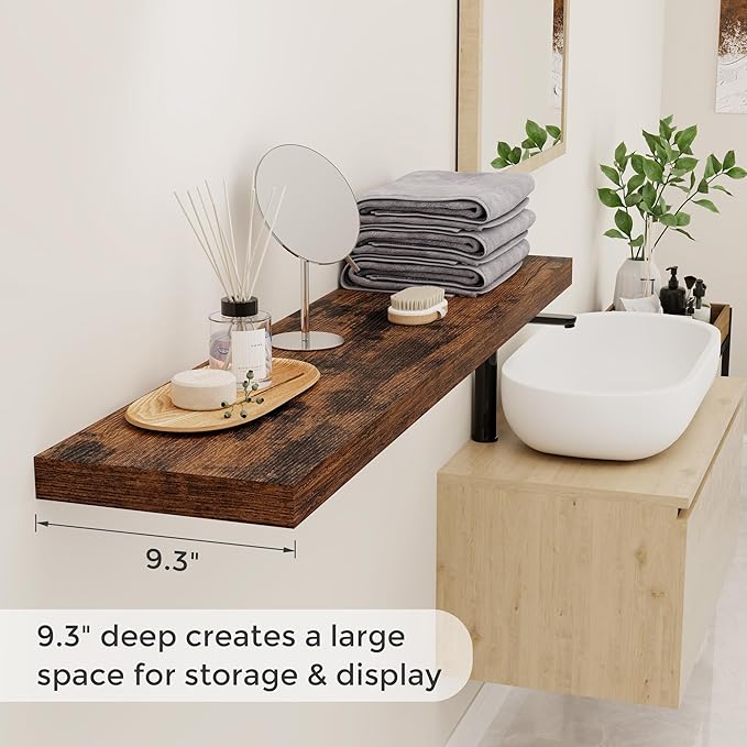Floating Shelves 48 Inch Long, 48"W x 9"D Wall Shelf Invisible Bracket, 9 Inch Deep Floating Shelf for Wall, Rustic Wooden Shelves for Living Room, Kitchem, Bedroom, Rustic Brown Color, Set of 1