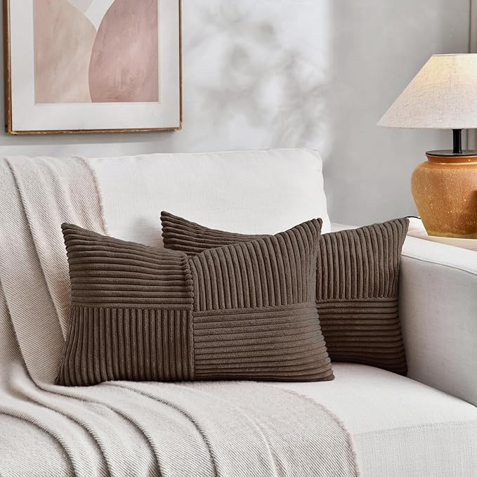 Fancy Homi 2 Packs Dark Brown Long Lumbar Decorative Throw Pillow Covers 16x24 Inch for Couch Bed Sofa, Rustic Farmhouse Boho Home Decor, Soft Striped Corduroy Rectangle Accent Cushion Case 40x60 cm