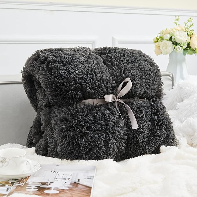 GONAAP Fuzzy Faux Fur Throw Blanket Twin Size Dark Grey Super Soft Cozy Plush Fuzzy Shaggy Blanket for Couch Sofa Bed (Dark Grey, Twin(60"x80"))