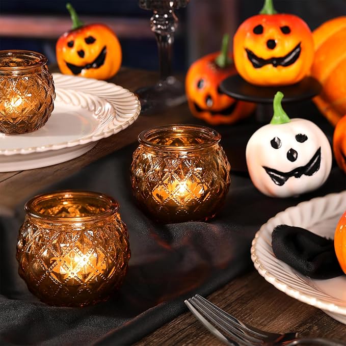 Amber Votive Candle Holders Set of 24 - Round Glass Candle Holders for Table Centerpiece, Tea Lights for Home & Vintage Wedding Decorations