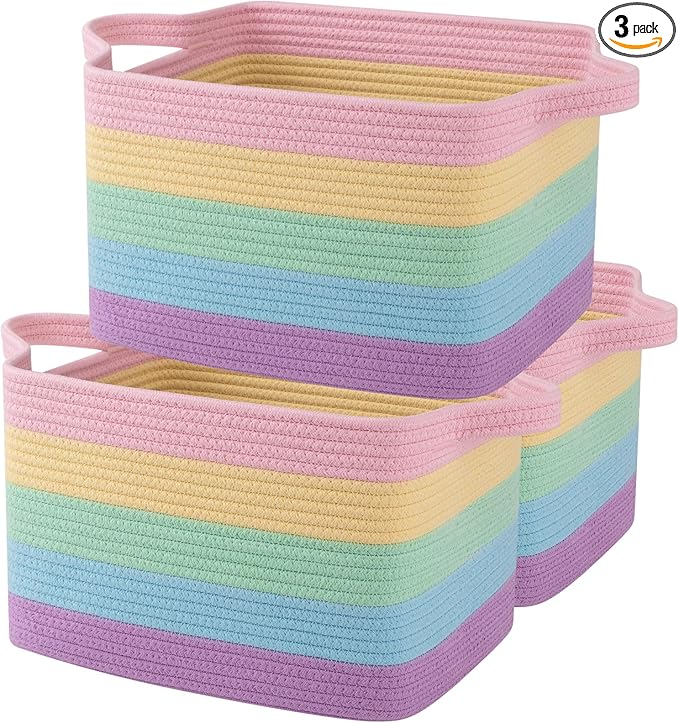 OIAHOMY Storage Basket, Woven Baskets for Storage, Cotton Rope Basket for toys,Towel Baskets for Bathroom - Pack of 3, Rainbow Pastel