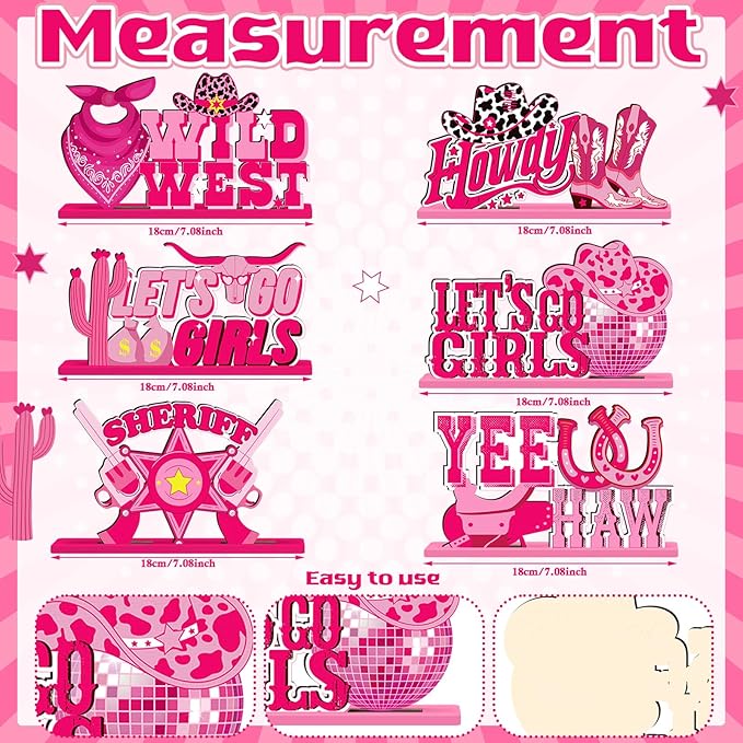 6 Pcs Disco Cowgirl Party Decorations Pink Let's Go Girls Bachelorette Table Decorations Western Cowgirl Wooden Centerpieces for Last Disco Birthday Western Rodeo Party Supplies