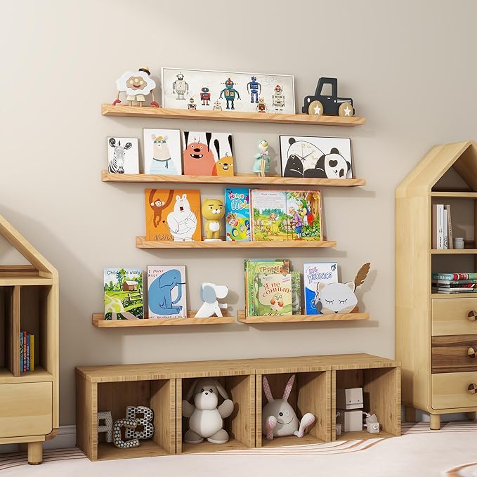 Floating Picture Ledge Shelves 72 Inch Solid Oak Wood Set of 2, Rustic Wall Storage Shelves with Lip, Kids Bookshelf, Photo & Picture Ledge Shelves for Bedroom, Living Room, Kitchen