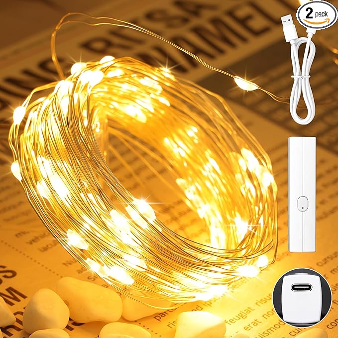 66FT(33*2) Lipstick Mini Fairy Lights Battery Operated, String Lights with Timer, LED Rechargeable Twinkle Lights for Bedroom, Christmas Decorations, Wedding, Vine, Centerpiece Table Decor Warm White