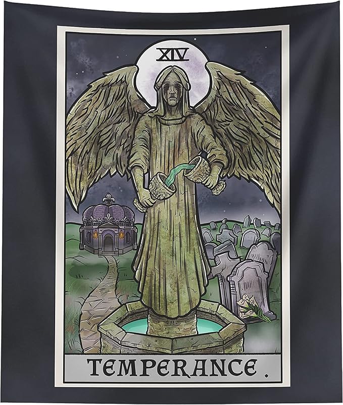 The Ghoulish Garb Temperance Tarot Card Tapestry - Crying Angel Statue - Gothic Halloween Home Decor Wall Hanging (60" x 50")