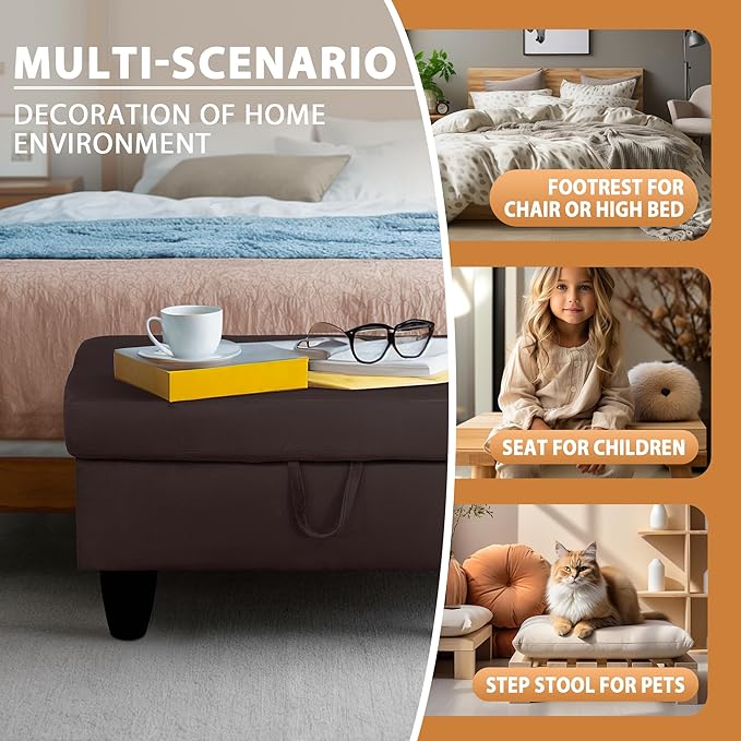 Ottoman Rectangular Storage Ottoman Bench, Flannel Footrest Stool Footstool with Lid for Living Room, Bedroom, Entryway, Dark Coffee, 28.5"x19"x17.5"