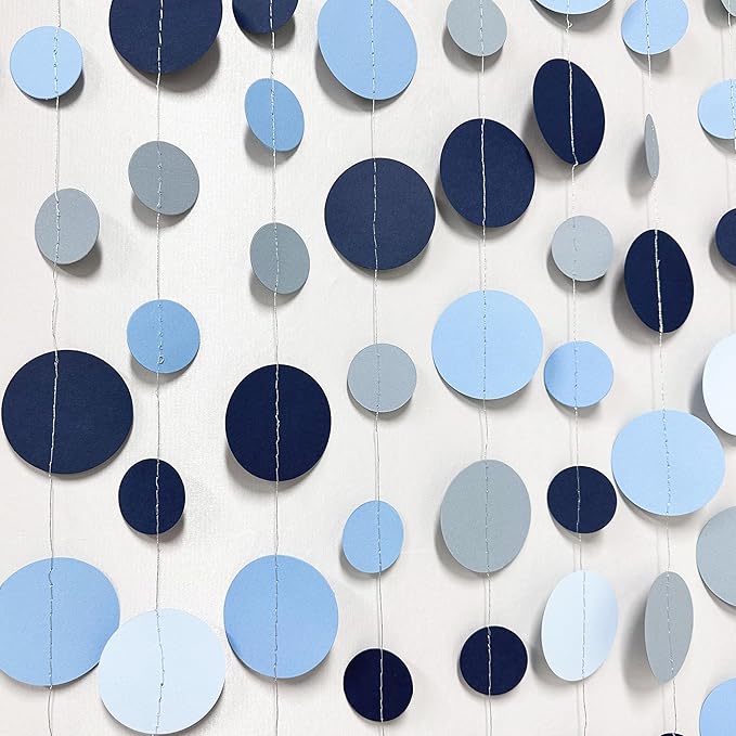 Dusty Blue Party Decorations Navy Blue Circle Dots Garland Gray Blue Hanging Paper Polka Dot Streamer for Wedding Baby Shower Engagement Bridal Shower Birthday Graduation Nautical Theme Party Supplies