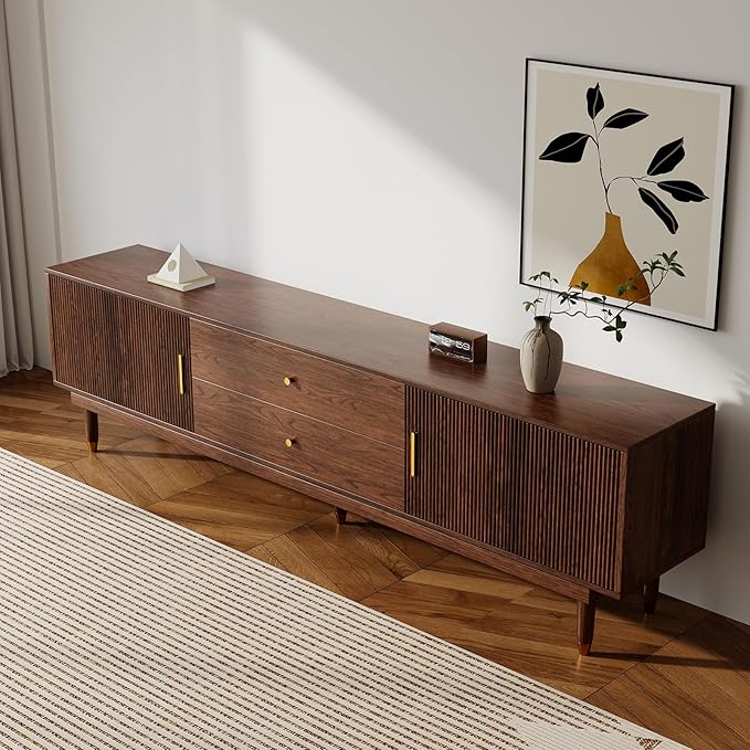 Mid Century Modern TV Stand for 75 inch TV, 78.7" Walnut TV Console with 2 Storage Cabinet & 2 Drawers, Entertainment Center, Media Console for Living Room/Bedroom