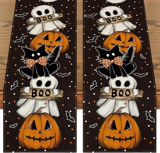 Artoid Mode Polka Dot Ghost Pumpkin Cat Boo 2PCS Halloween Table Runner, Bat Seasonal Fall Kitchen Dining Table Decoration Home Party Decor 13x72 Inch