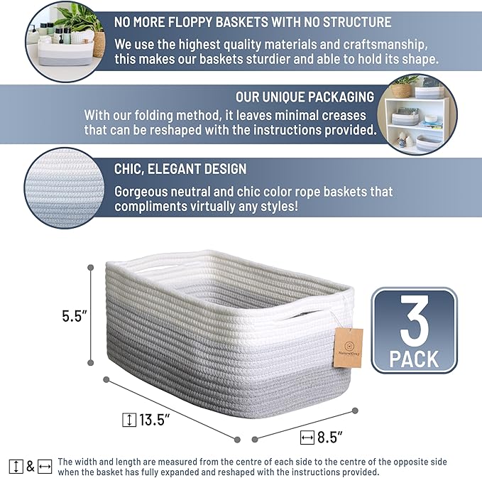 NaturalCozy 13.5”x8.5”x5.5” Rectangle Storage Baskets for Shelves 3 Pack | Cotton Rope Woven Small Baskets for Organizing | Small Storage Bins for Nursery, Bathroom, Closet, Shelf, Decorative