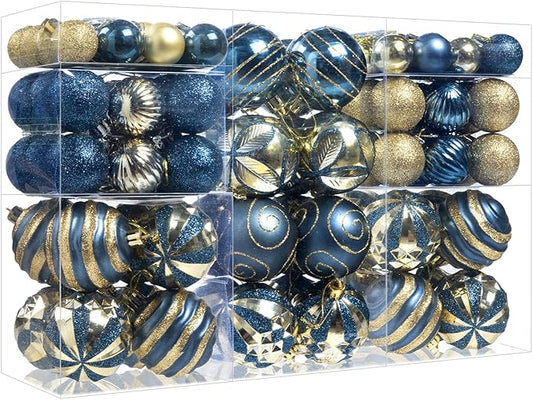 100Pcs Christmas Balls Ornaments Set, Shatterproof Christmas Decorations with Hand-held Gift Package for Xmas Tree/Holiday/Wedding/Holiday/Party Decor (Blue & Gold)