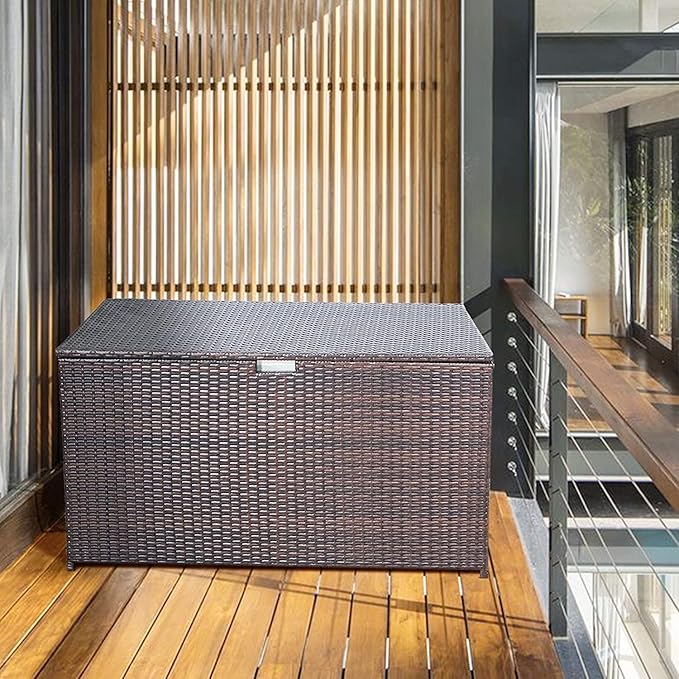 Super Patio Wicker Outdoor Patio Storage Box Waterproof, 120 Gallon Large Deck Box Rattan Storage Bin for Cushions, Garden Tools, Pool, Brown