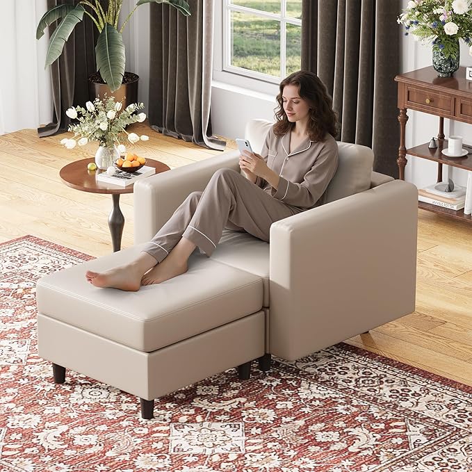 Faux Leather Oversized Accent Chair with Storage Deep Seat Single Sofa Large Reading Armchair for Living Room Bedroom Office Whitesand