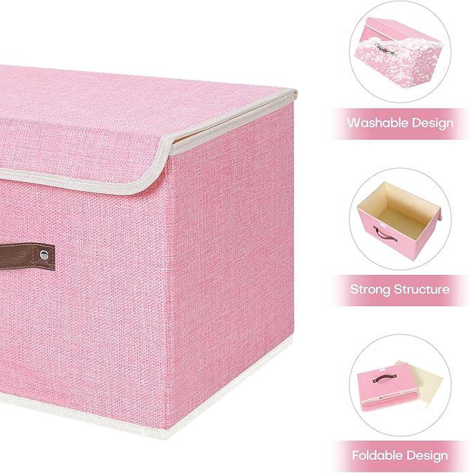 ANMINY Storage Bin with Lid Storage Boxes with PU Leather Handles PP Plastic Board Decorative Foldable Lidded Cotton Linen Fabric Home Cubes Baskets Closet Organizer Container - Pink, Large Size