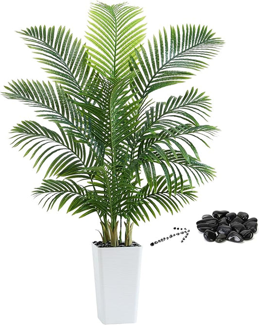 Artificial Palm Tree 5FT - Tall Fake Tree with White Taper Planter & Pebbles, UV Resistant for Indoor & Outdoor, Large Potted Faux Plant, Tropical Areca Floor Plant for Living Room, Office, Home Decor