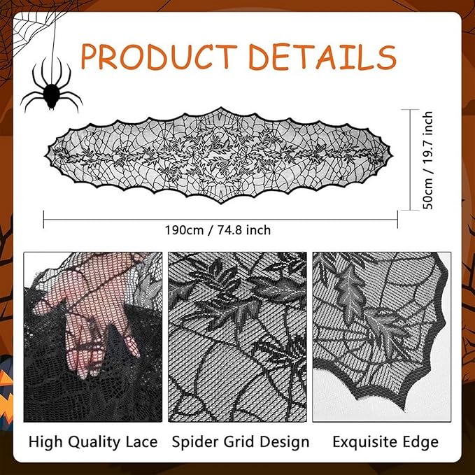Fall Decorations Table Runner - Black Lace Maple Leaves Table Runners for Autumn Table Decor, 20*75 Inch Halloweens Lace Table Runner for Halloweens Party Home Kitchen Dinner Decoration Indoor