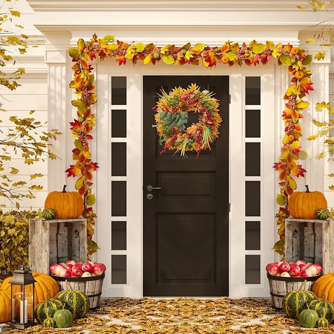 24 Inch Fall Wreaths for Front Door Outside– Artificial Silk Autumn Door Wreath with Green Bow, Maple Leaves, Pine Cones, Red Berries– Indoor Outdoor Thanksgiving Farmhouse Home Wall Decor